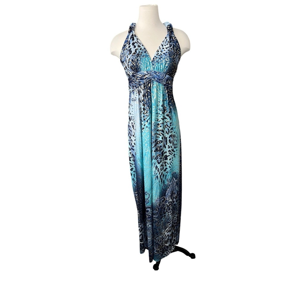 Shoreline Animal Print Blue Aqua Maxi Dress Halter S/M Whimsical Resort Mermaid